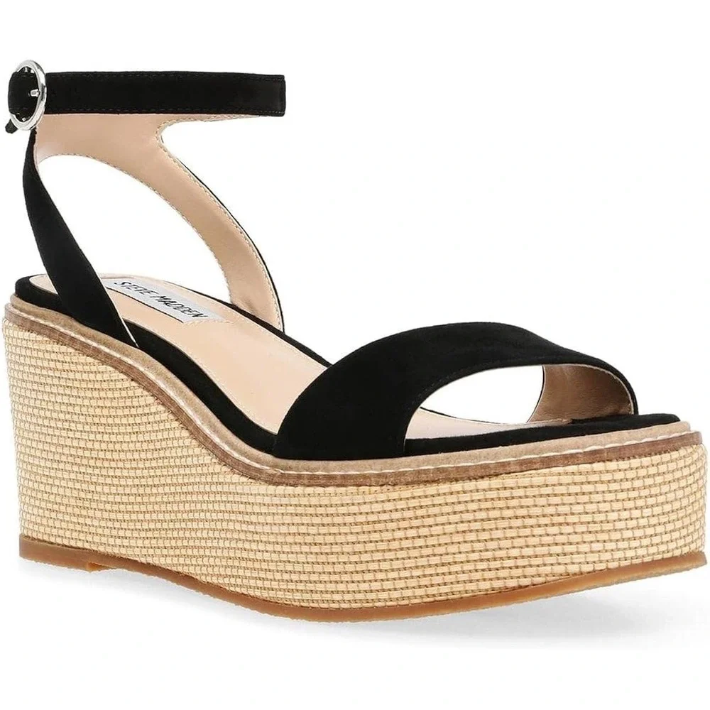 Steve Madden Composed Black Suede Raffia Platform Wedge Sandals COMP04S1